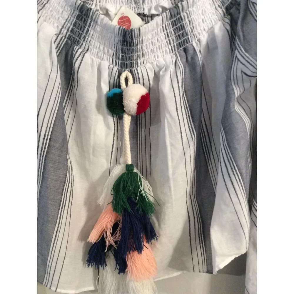 New NWT ANTHROPOLOGIE LILKA TOP PLAYA POM POM OFF SHOULDER BELL STRIPE  L Large